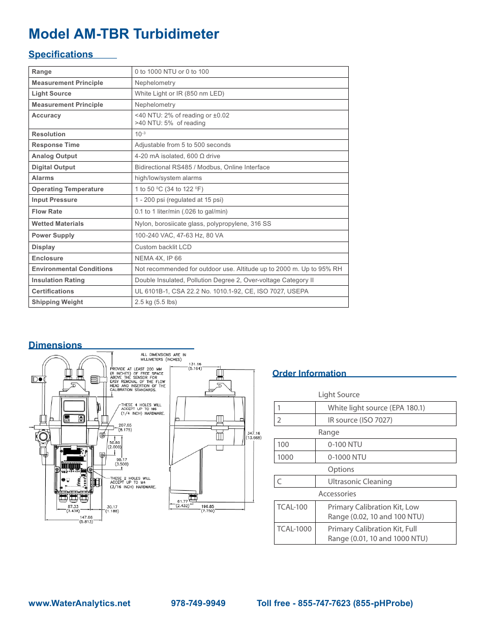 Model am-tbr turbidimeter, Specifications, Dimensions | Order information | Aquametrix AM-TBR Turbidimeter Datasheet User Manual | Page 2 / 2