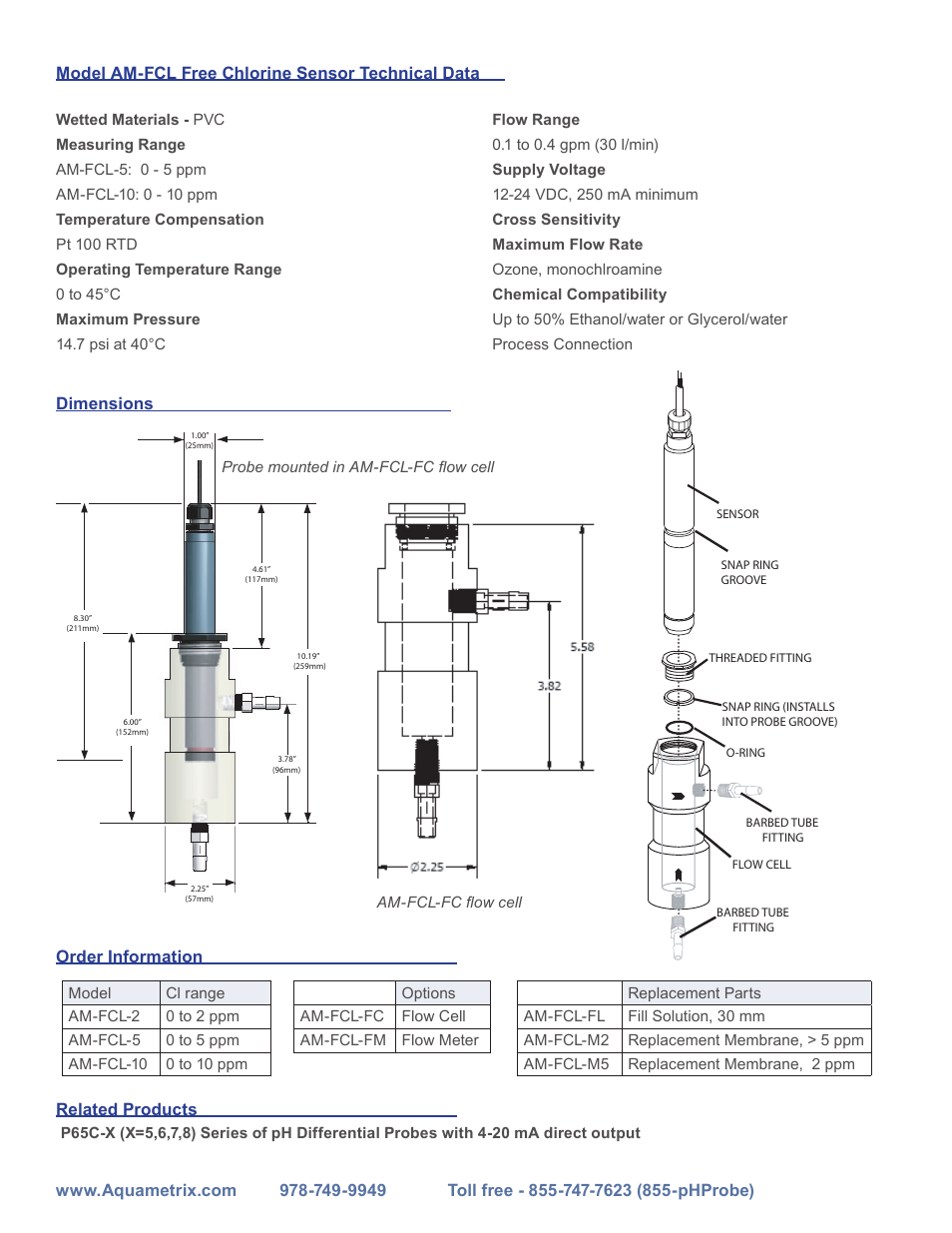Related products, Model am-fcl free chlorine sensor technical data | Aquametrix AM-FCL Series Free Chlorine Direct Output Sensor User Manual | Page 2 / 2