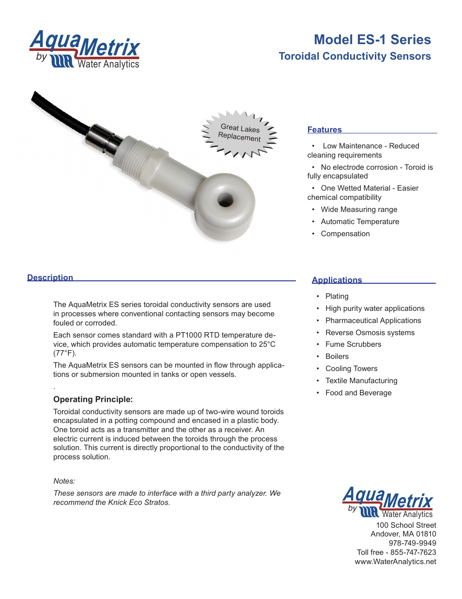 Aquametrix ES-1 Series Toroidal Conductivity Sensors User Manual | 2 pages