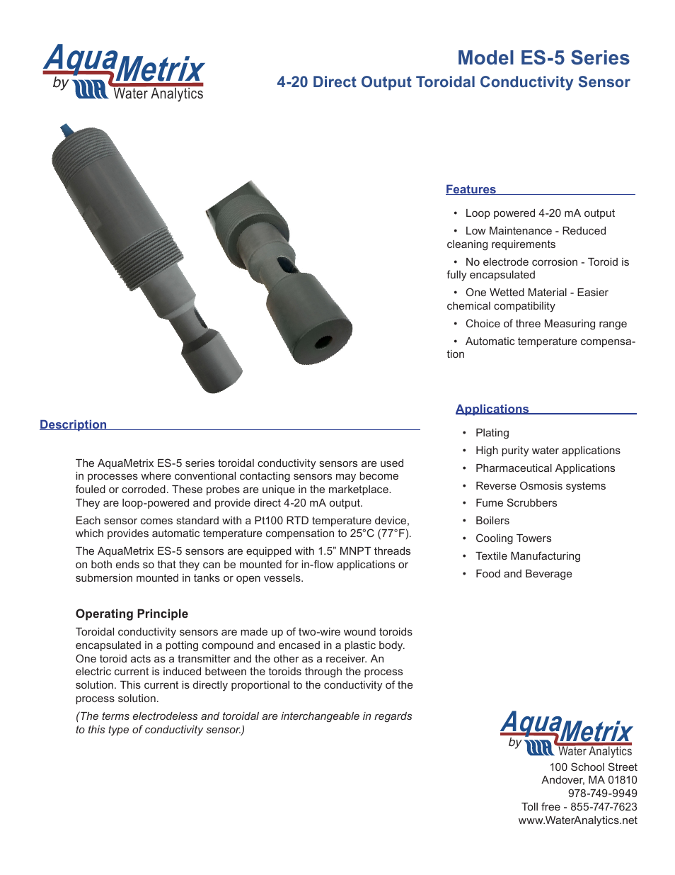 Aquametrix ES-5 Series Toroidal Conductivity Sensors User Manual | 2 pages
