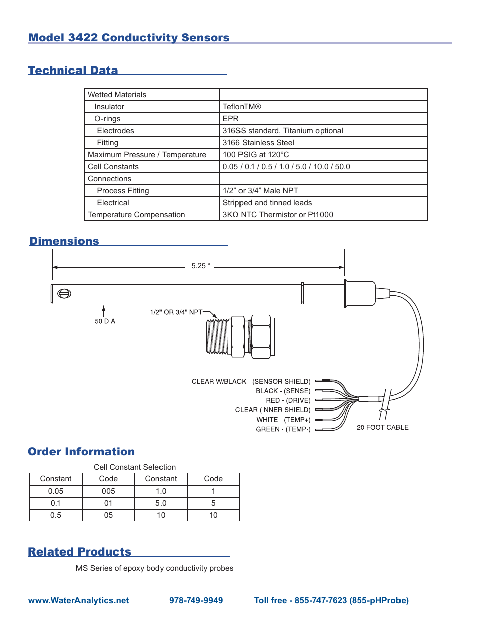 Related products technical data | Aquametrix AM3422 Series Conductivity Sensors User Manual | Page 2 / 2