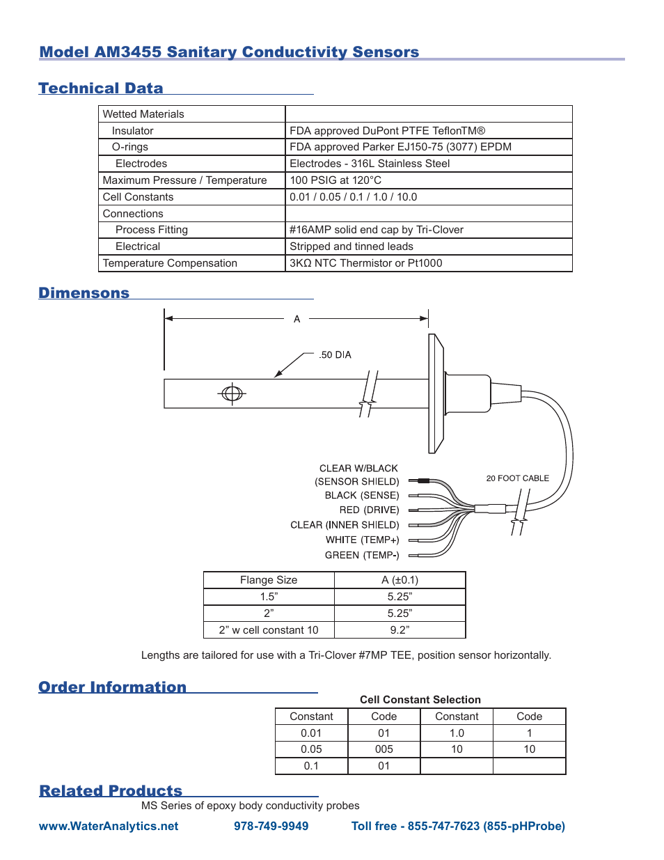 Technical data, Order information, Related products | Aquametrix AM3455 Series Conductivity Sensors User Manual | Page 2 / 2
