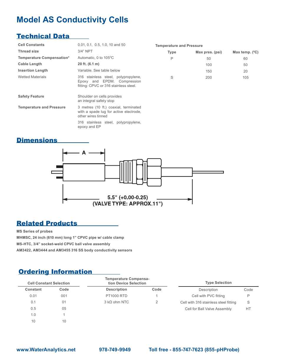 Model as conductivity cells | Aquametrix AS Series Conductivity Sensors User Manual | Page 2 / 2