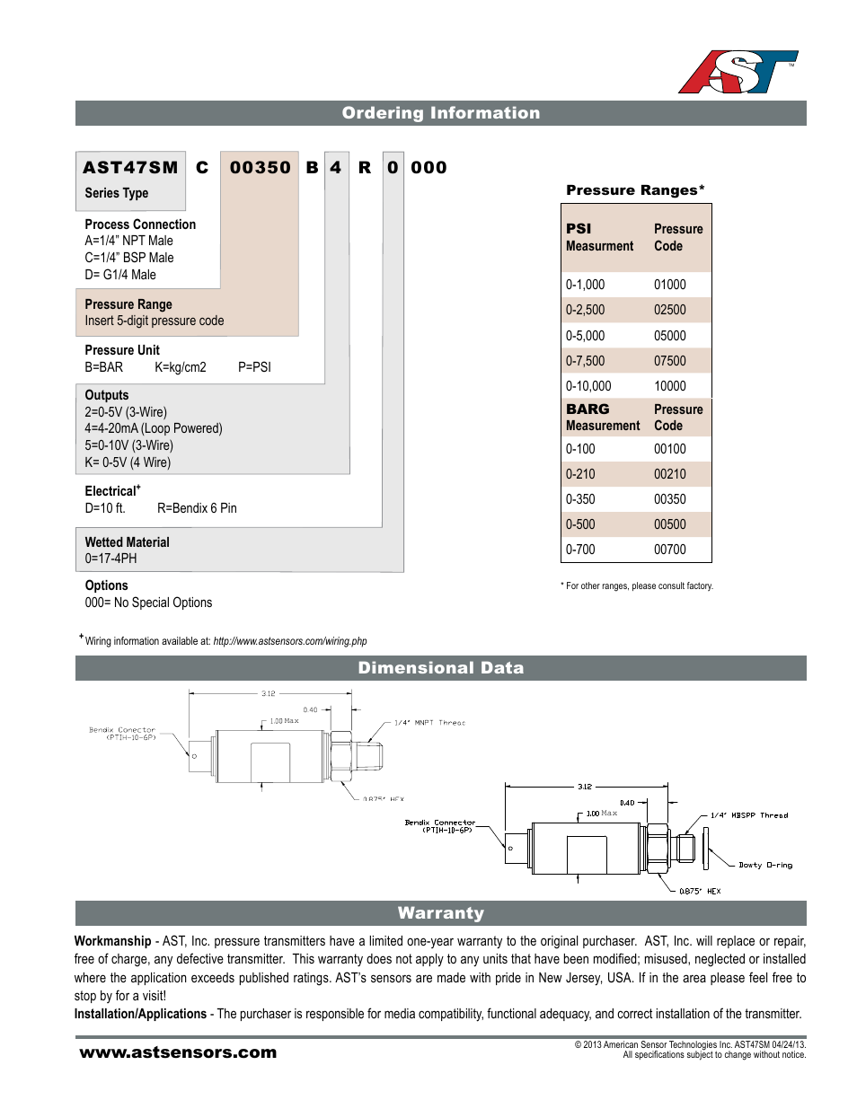 Ordering information dimensional data warranty | AST AST47SM Datasheet User Manual | Page 2 / 2