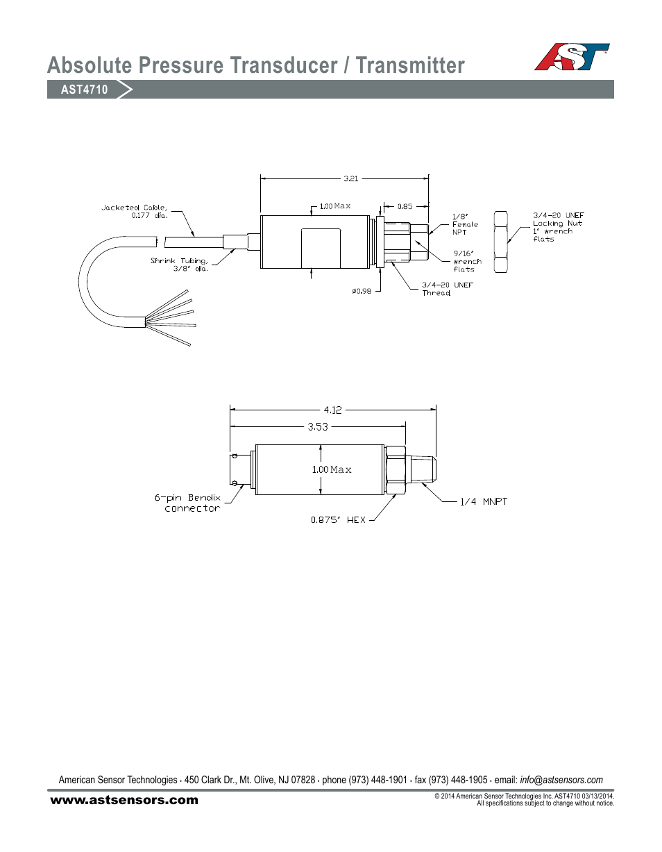 Absolute pressure transducer / transmitter, Ast4710 | AST AST4710 Datasheet User Manual | Page 3 / 3