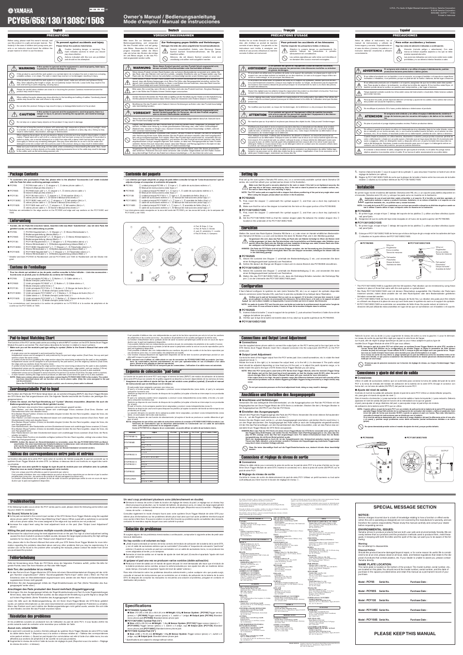 Setting up einrichten configuration instalación, Please keep this manual, Esquema de colocación “pad-toma | Yamaha PCY130 User Manual | Page 2 / 4