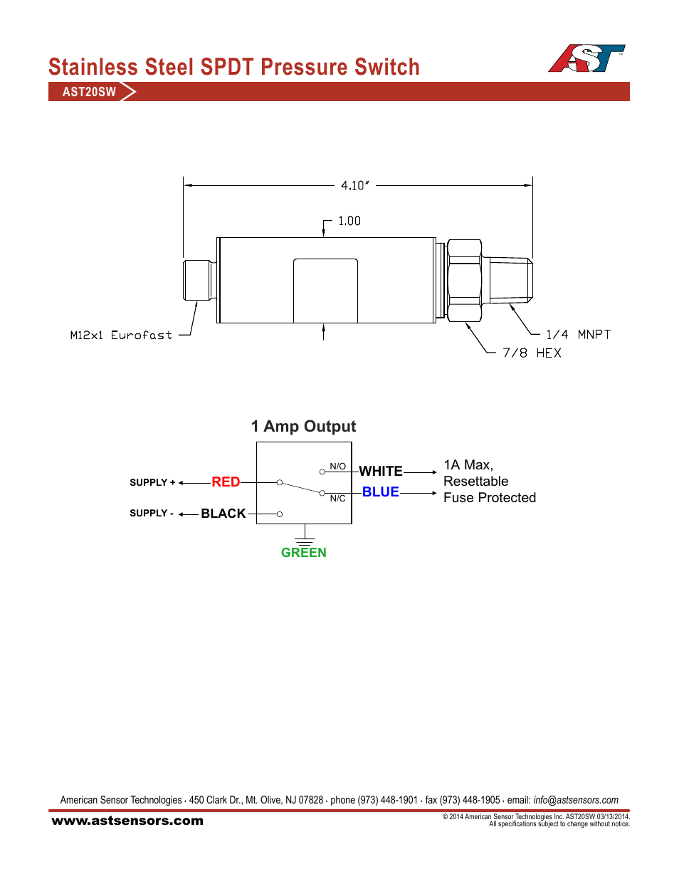 Stainless steel spdt pressure switch, 1 amp output, Blue red white | 1a max, resettable fuse protected | AST AST20SW Datasheet User Manual | Page 3 / 3