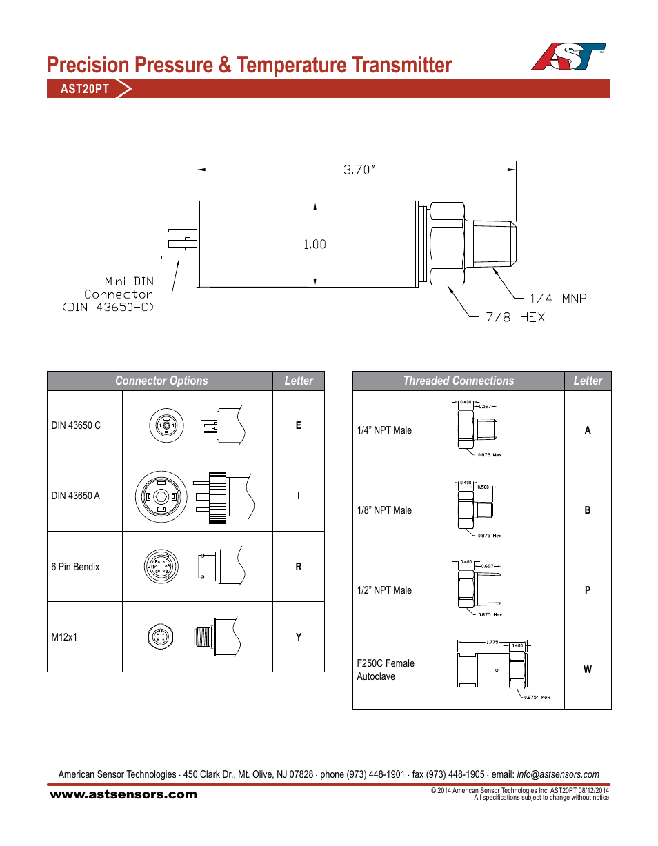 Precision pressure & temperature transmitter | AST AST20PT Datasheet User Manual | Page 3 / 3