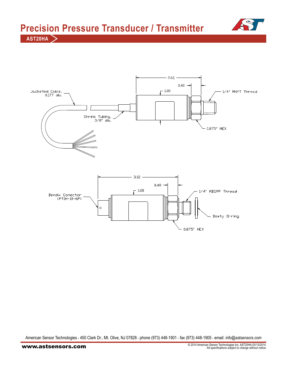 Precision pressure transducer / transmitter, Ast20ha | AST AST20HA Datasheet User Manual | Page 3 / 3