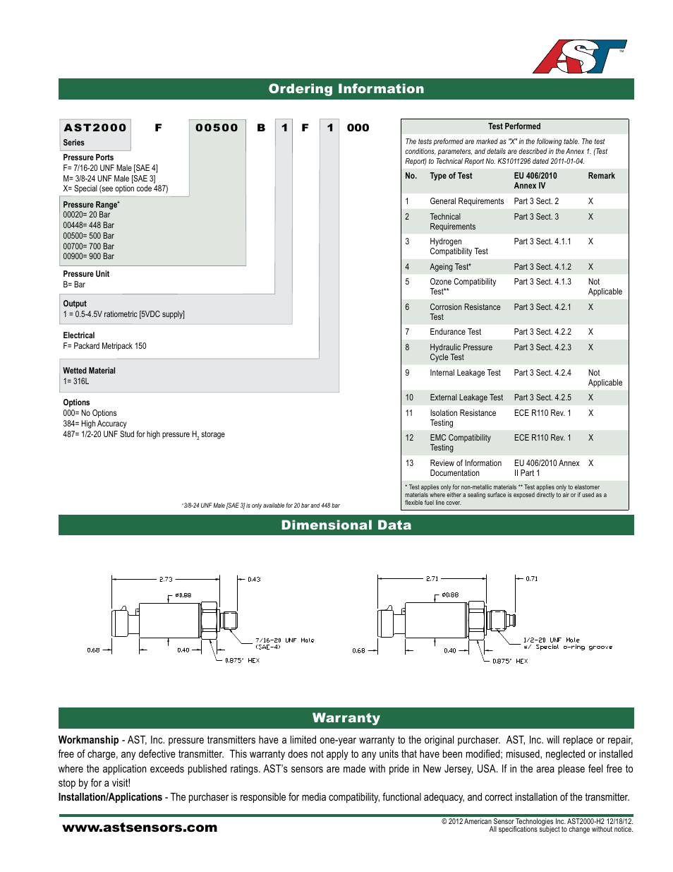 Warranty dimensional data ordering information | AST AST2000H2 Datasheet User Manual | Page 2 / 2