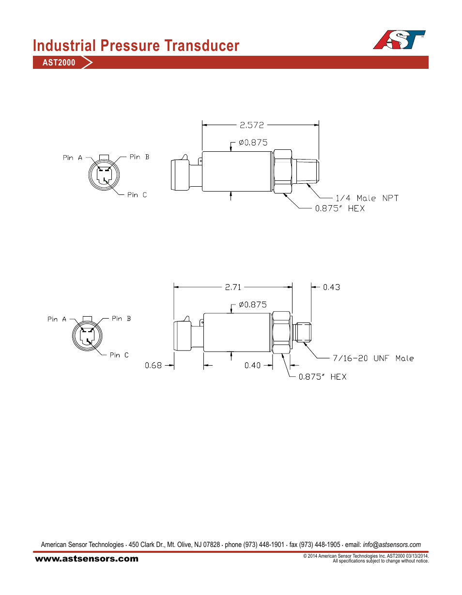 Industrial pressure transducer, Ast2000 | AST AST2000 Datasheet User Manual | Page 3 / 3