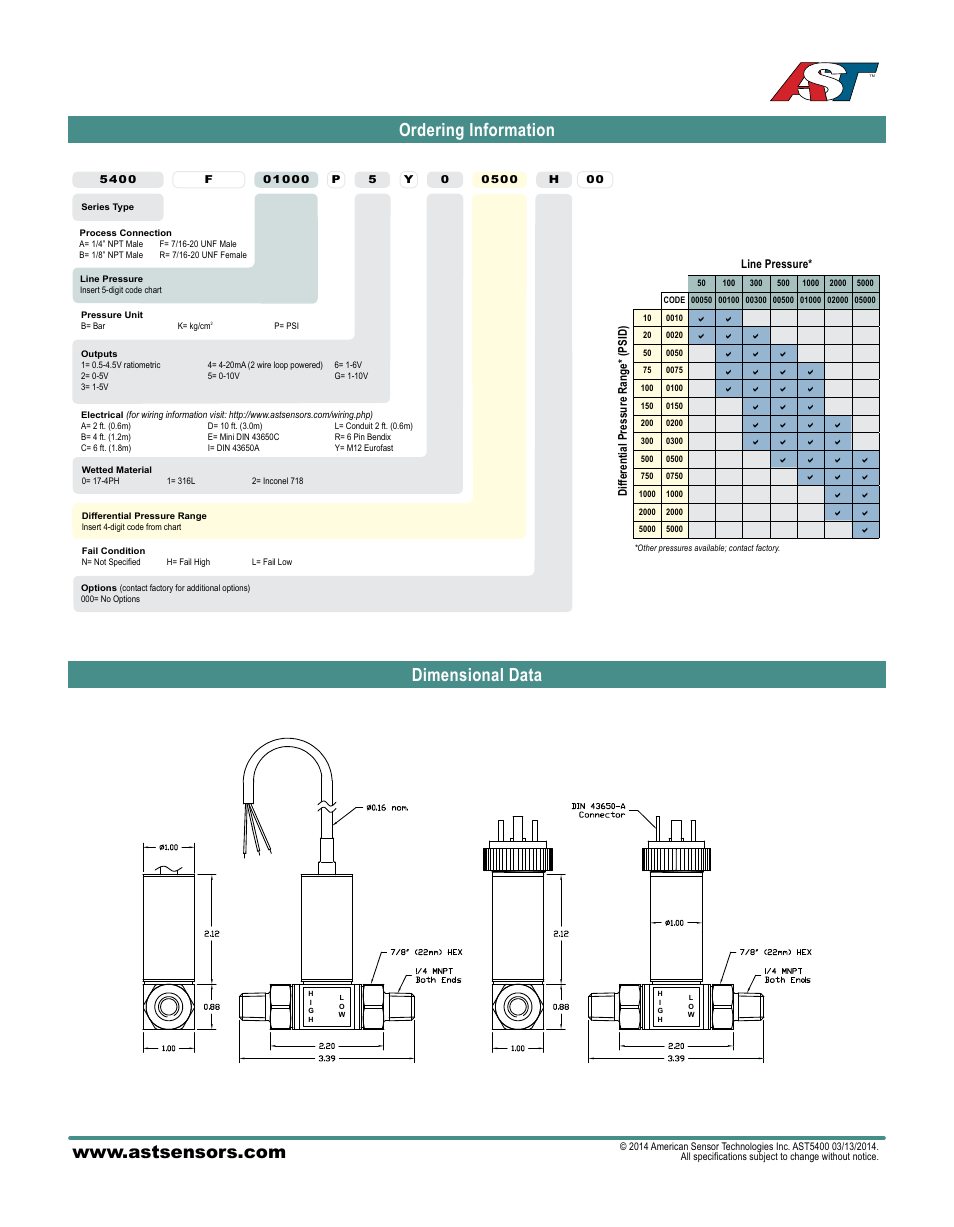 Ordering information, Dimensional data | AST AST5400 Datasheet User Manual | Page 2 / 2