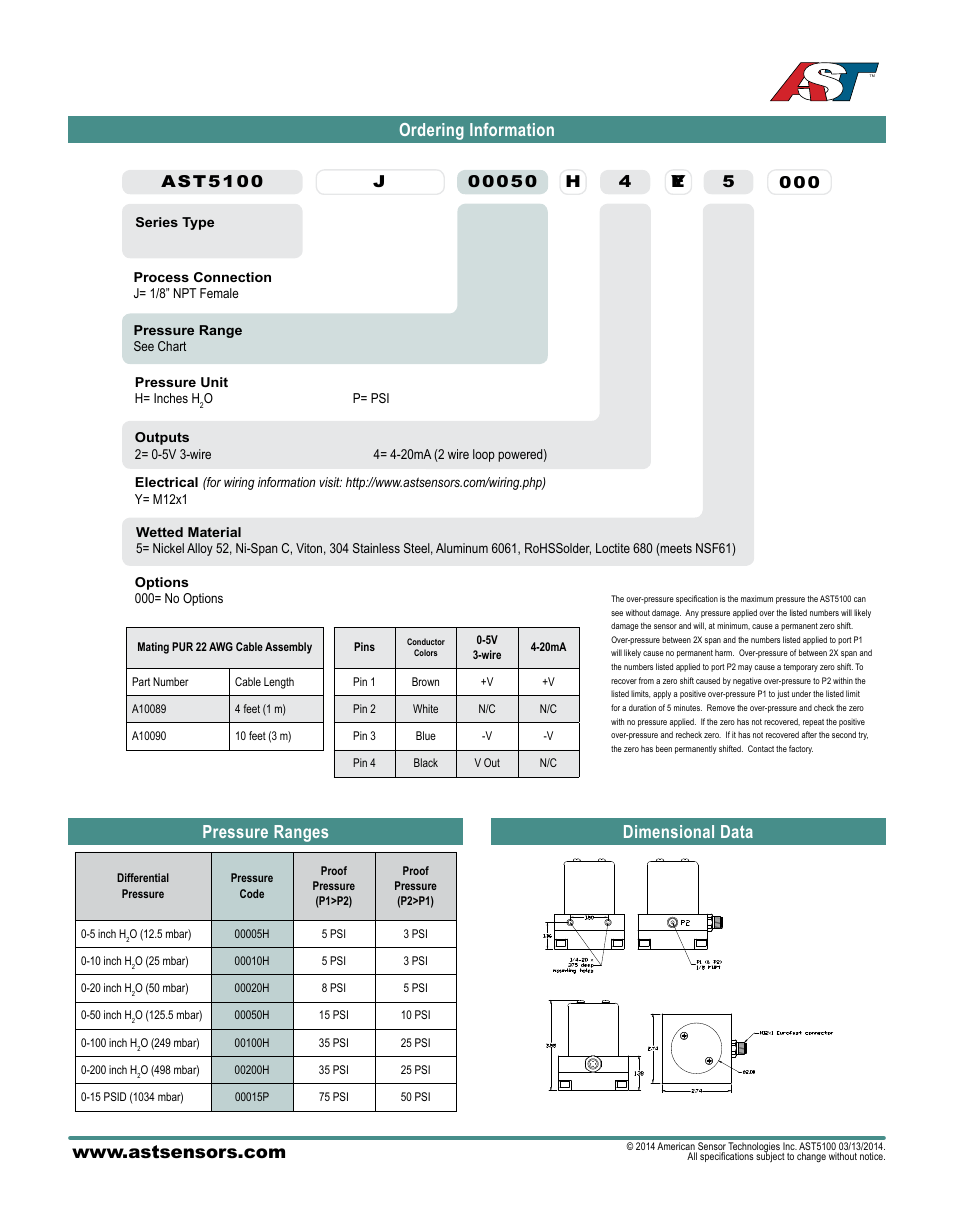 Pressure ranges ordering information, Dimensional data, 4000 e | AST AST5100 Datasheet User Manual | Page 2 / 2