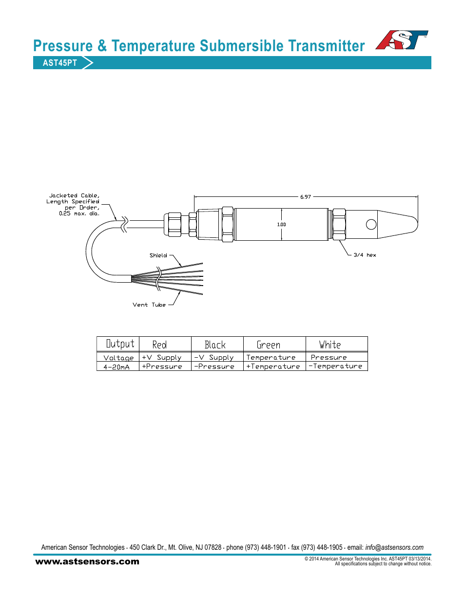 Pressure & temperature submersible transmitter, Ast45pt | AST AST45PT Datasheet User Manual | Page 3 / 3