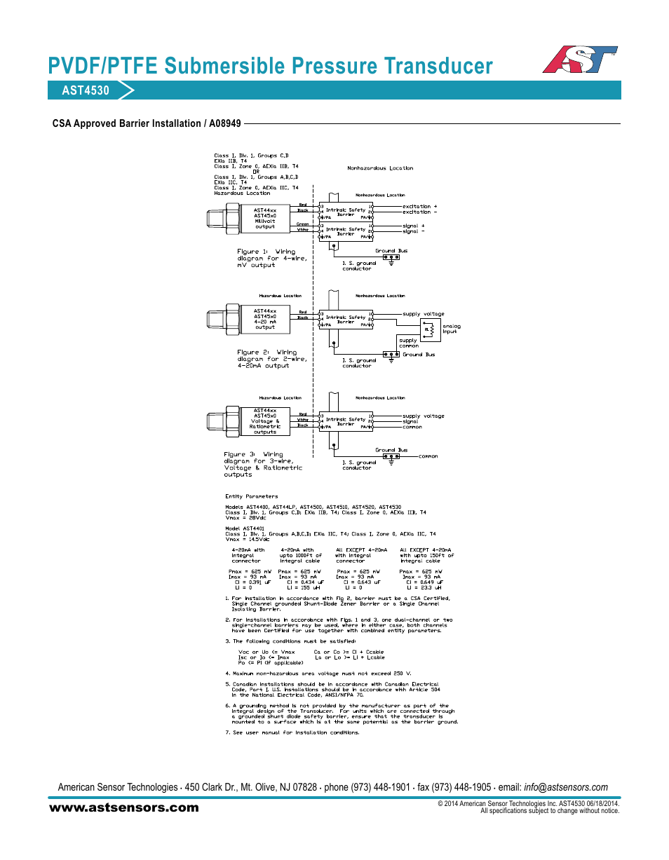 Pvdf/ptfe submersible pressure transducer, Ast4530 | AST AST4530 Datasheet User Manual | Page 4 / 4