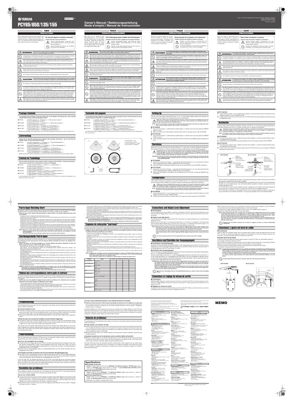 Setting up einrichten configuration instalación, Specifications | Yamaha PCY65 User Manual | Page 2 / 4