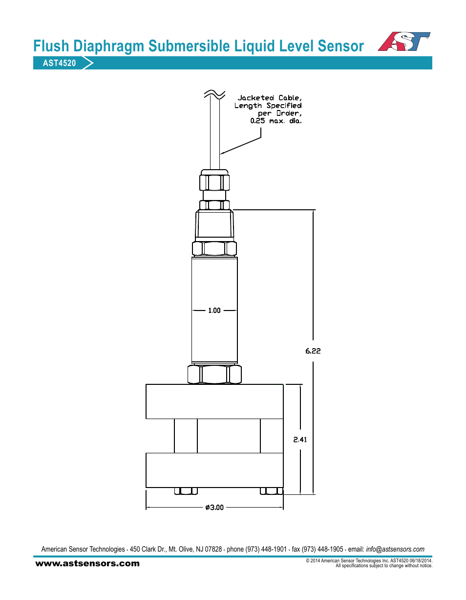 Flush diaphragm submersible liquid level sensor, Ast4520 | AST AST4520 Datasheet User Manual | Page 3 / 4