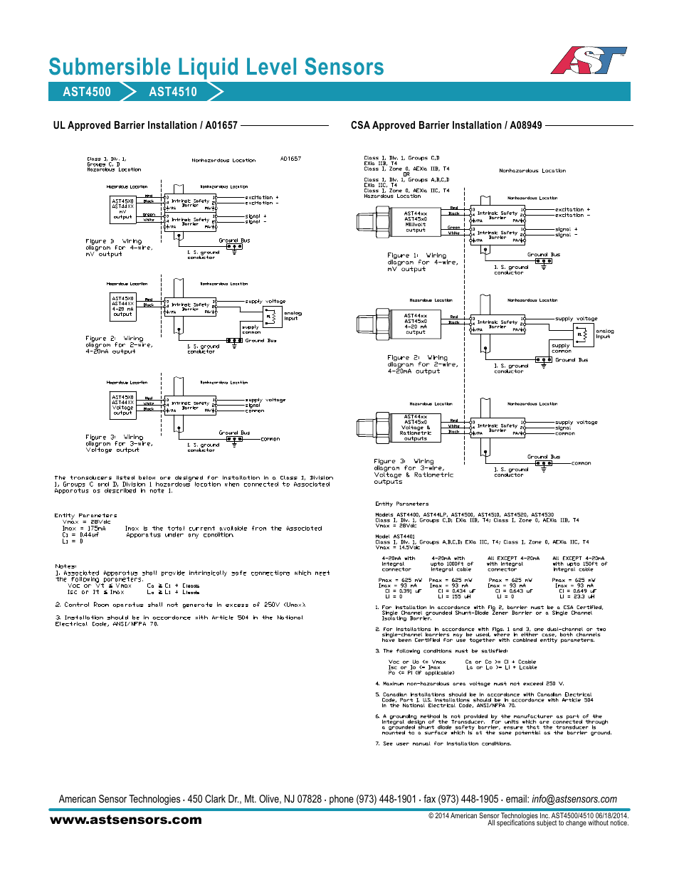 Submersible liquid level sensors | AST AST4510 Datasheet User Manual | Page 4 / 4