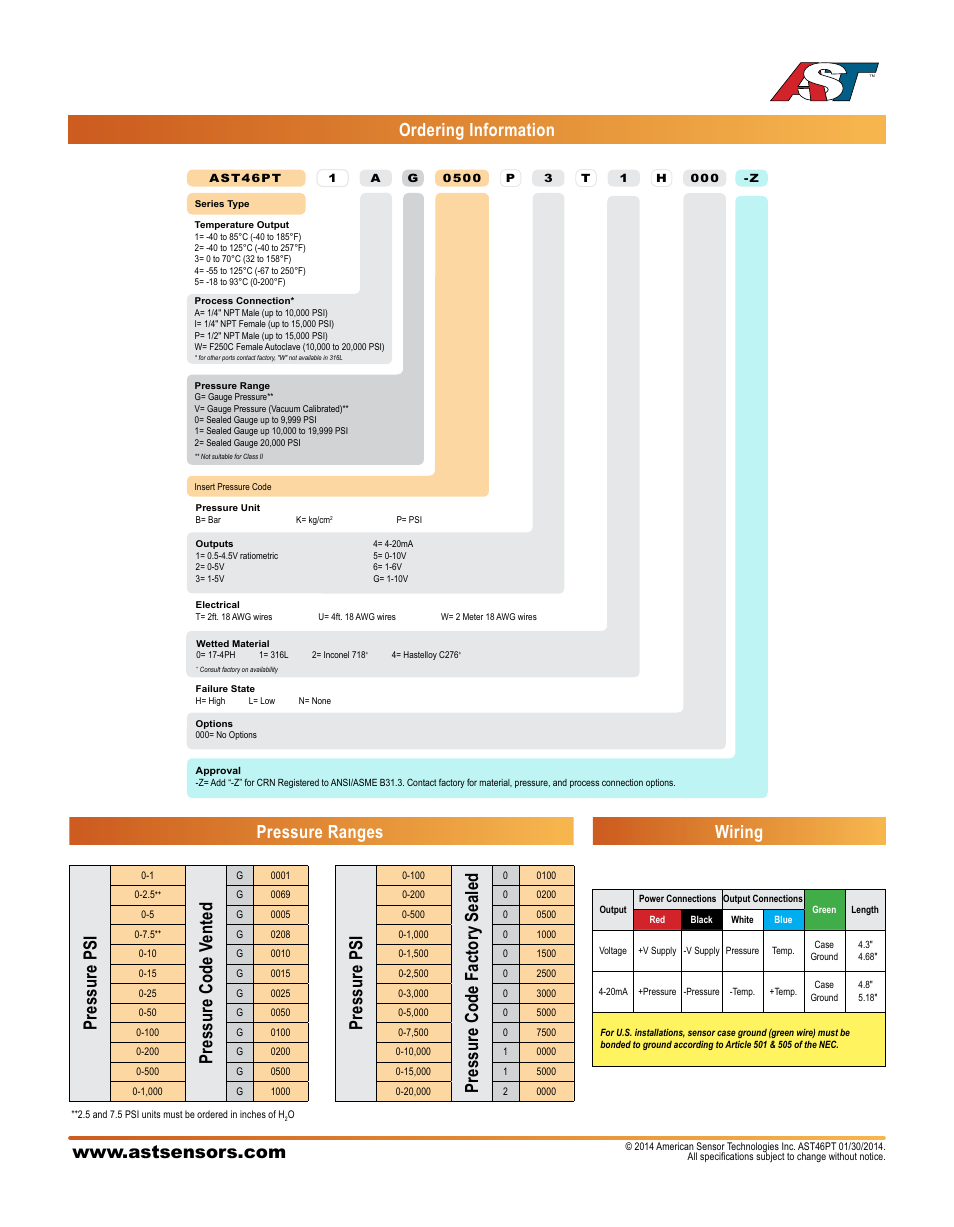 Ordering information pressure ranges wiring, Pressure ranges, Pressure psi | Pressure code v ented, Pressure code factory sealed | AST AST46PT Datasheet User Manual | Page 2 / 3