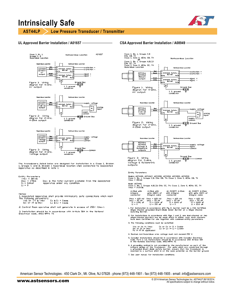 Intrinsically safe, Ast44lp low pressure transducer / transmitter | AST AST44LP Datasheet User Manual | Page 4 / 4