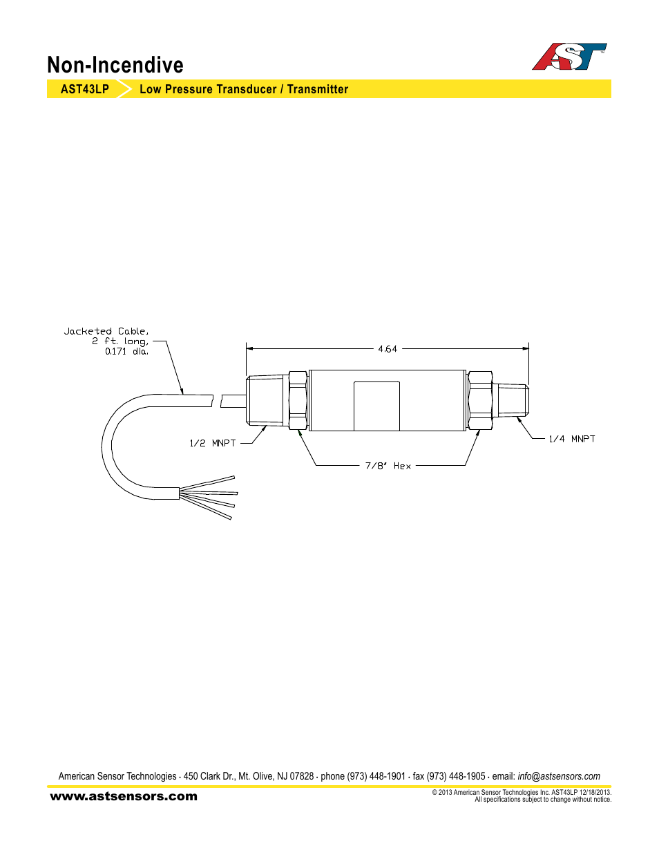 Non-incendive, Ast43lp low pressure transducer / transmitter | AST AST43LP Datasheet User Manual | Page 3 / 3