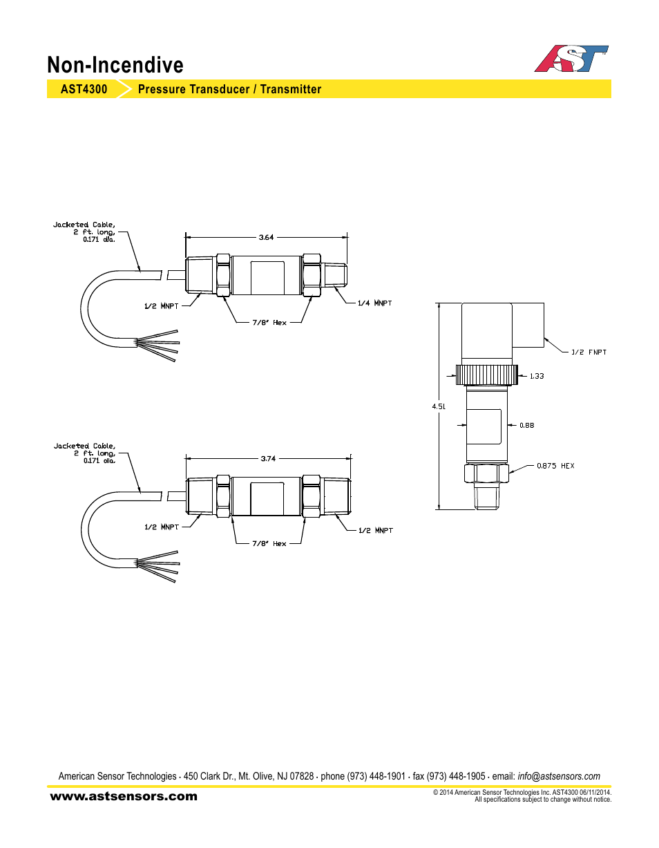 Non-incendive, Ast4300 pressure transducer / transmitter | AST AST4300 Datasheet User Manual | Page 3 / 3