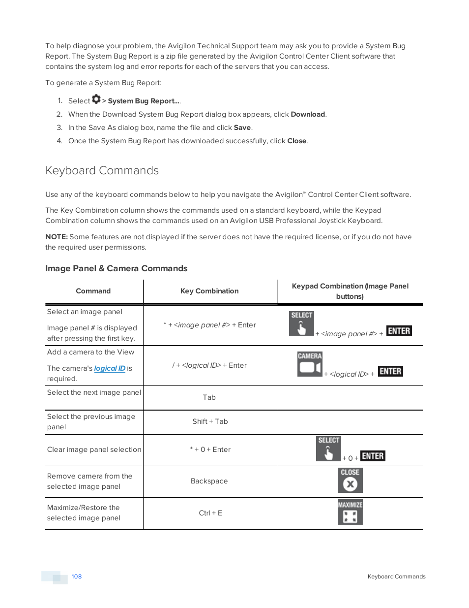 Keyboard commands, Image panel & camera commands | Avigilon ACC Core Version 5.2.2 User Manual | Page 108 / 113