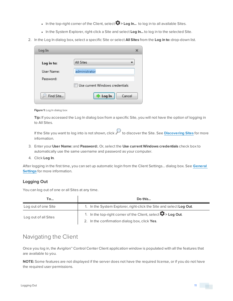 Logging out, Navigating the client | Avigilon ACC Core Version 5.2.2 User Manual | Page 11 / 113