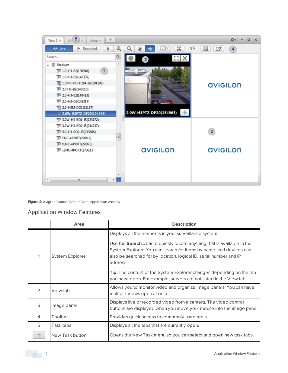 Application window features | Avigilon ACC Core Version 5.2.2 User Manual | Page 12 / 113