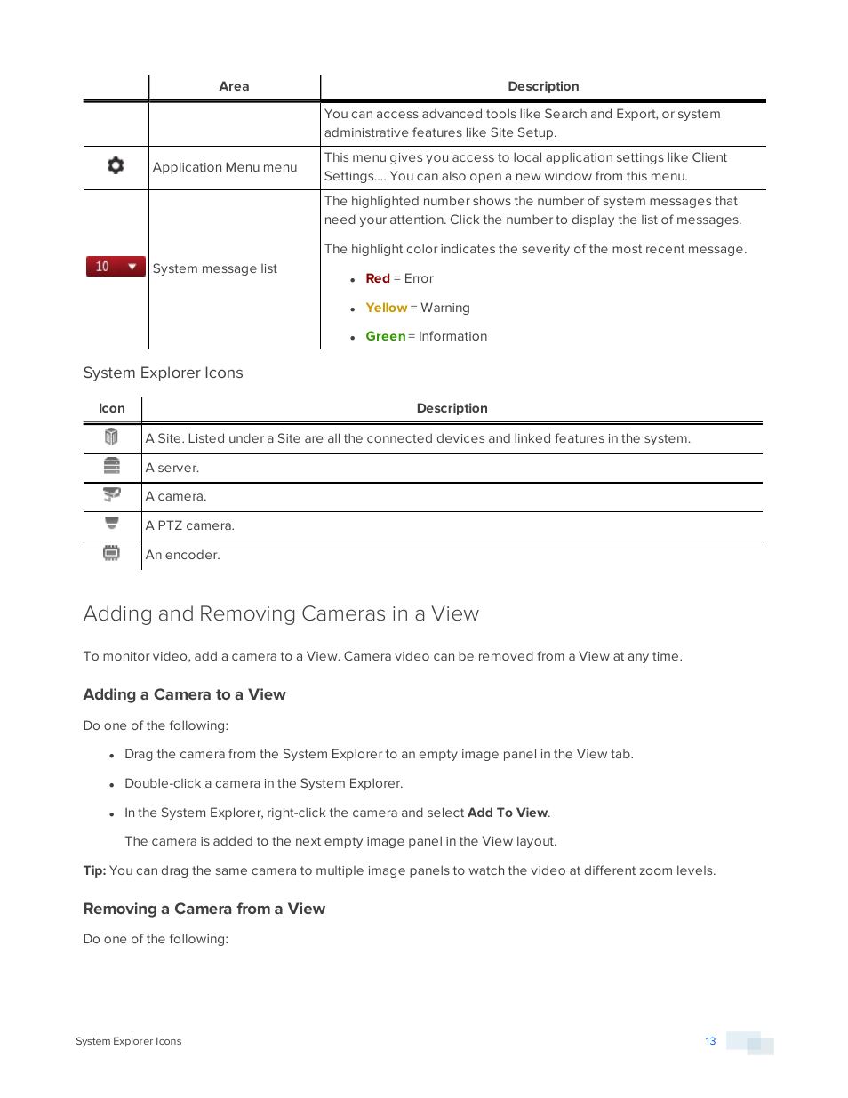 System explorer icons, Adding and removing cameras in a view, Adding a camera to a view | Removing a camera from a view | Avigilon ACC Core Version 5.2.2 User Manual | Page 13 / 113