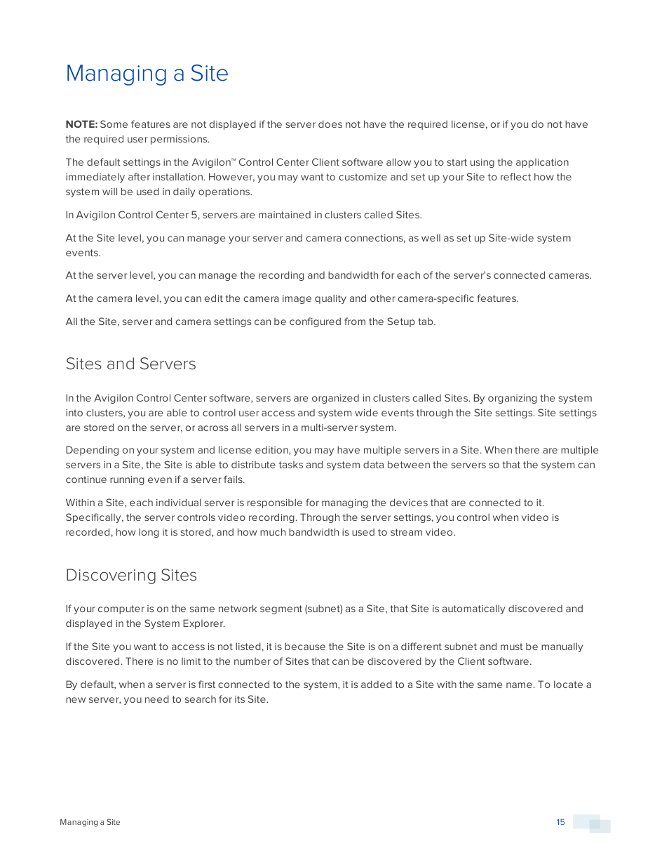 Managing a site, Sites and servers, Discovering sites | Avigilon ACC Core Version 5.2.2 User Manual | Page 15 / 113