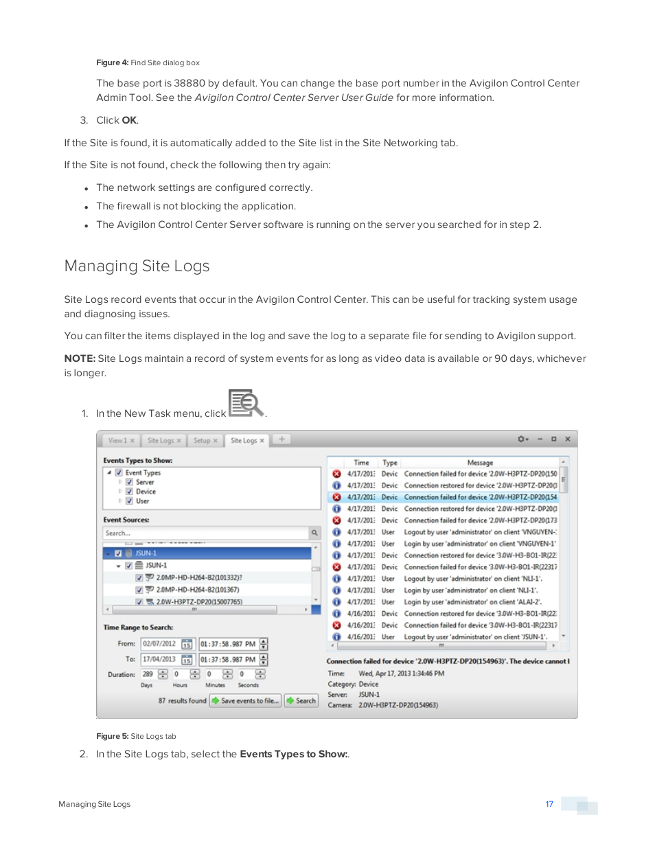 Managing site logs | Avigilon ACC Core Version 5.2.2 User Manual | Page 17 / 113