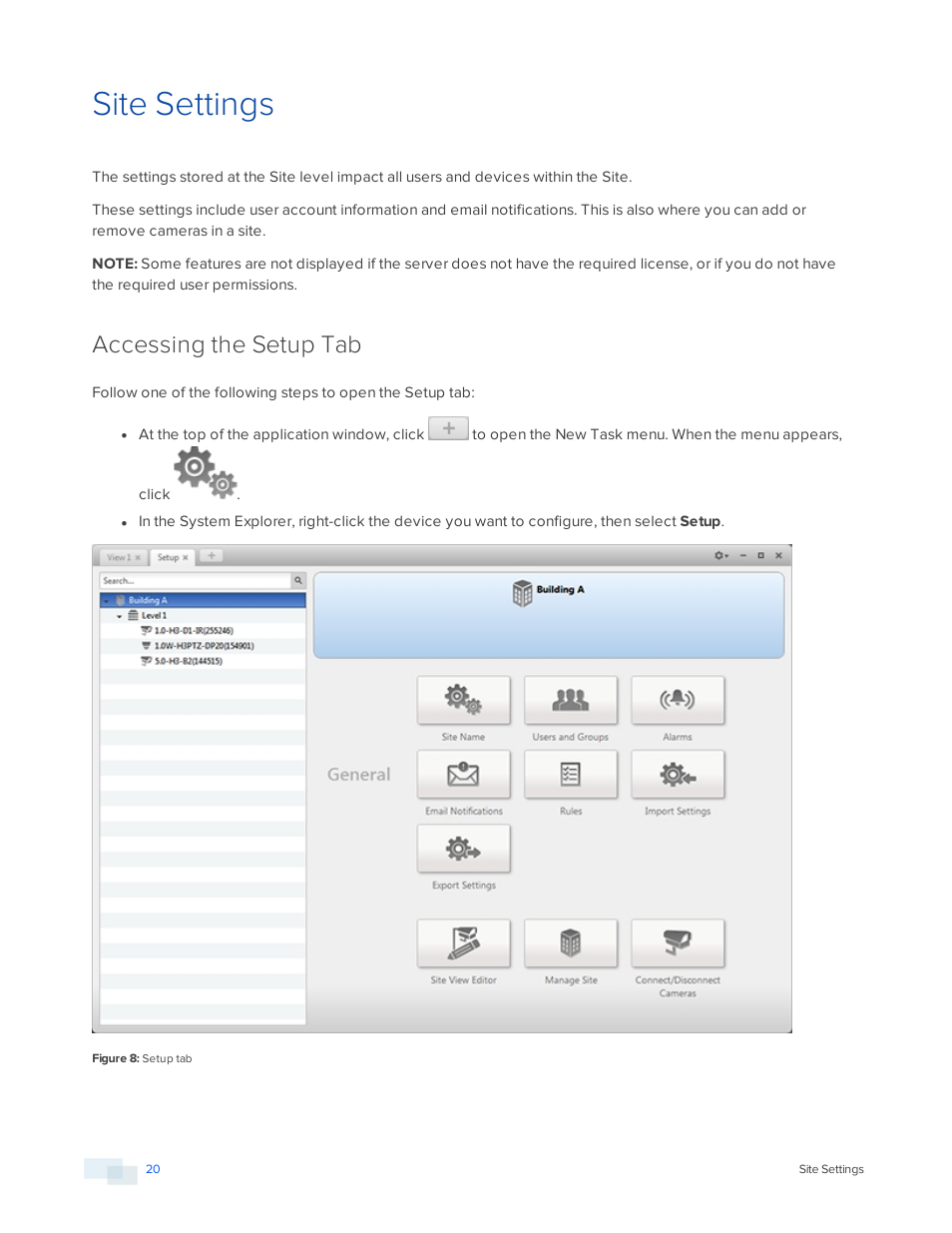 Site settings, Accessing the setup tab | Avigilon ACC Core Version 5.2.2 User Manual | Page 20 / 113