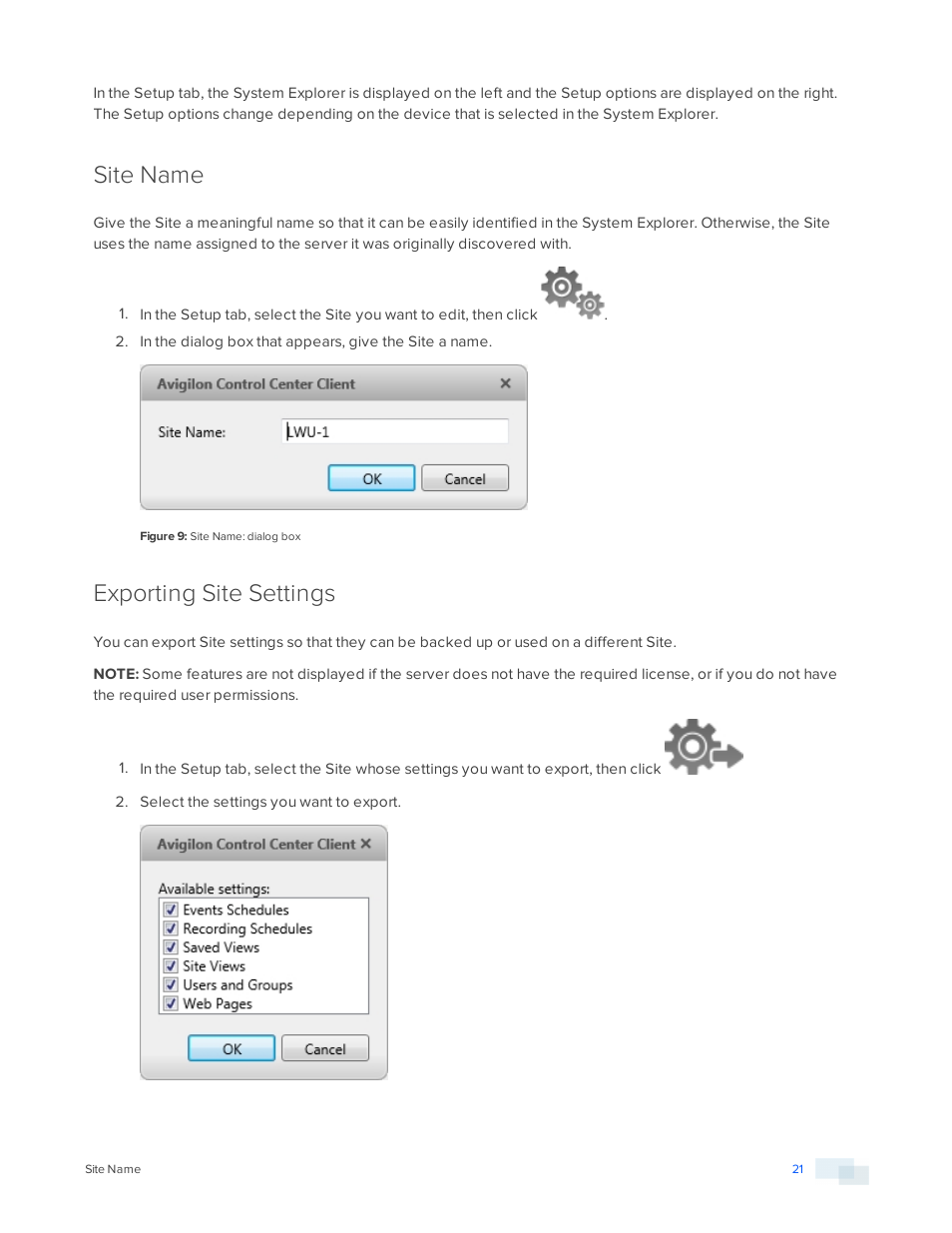 Site name, Exporting site settings | Avigilon ACC Core Version 5.2.2 User Manual | Page 21 / 113