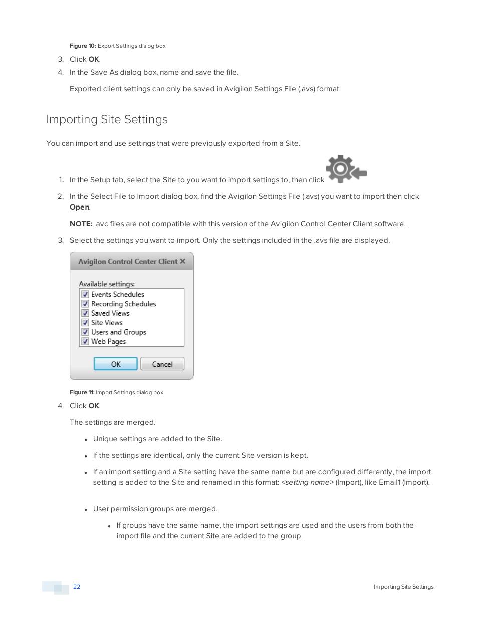 Importing site settings | Avigilon ACC Core Version 5.2.2 User Manual | Page 22 / 113