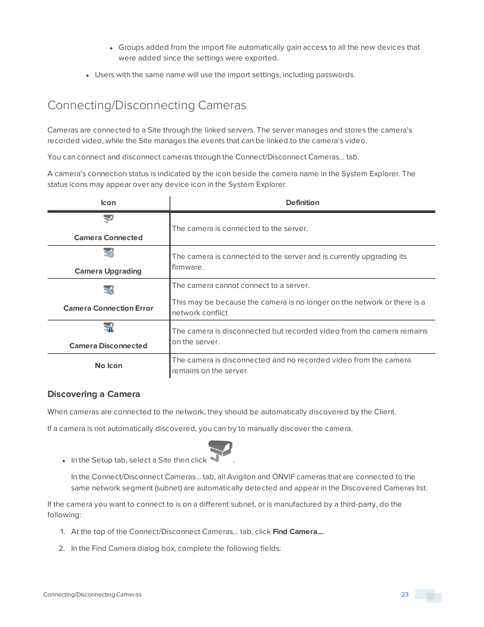 Connecting/disconnecting cameras, Discovering a camera | Avigilon ACC Core Version 5.2.2 User Manual | Page 23 / 113