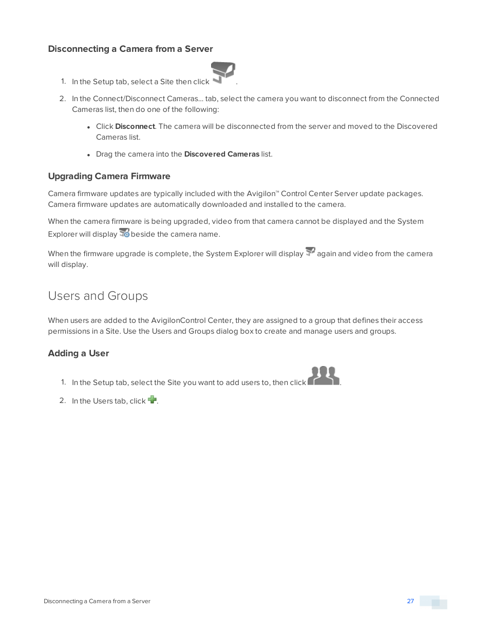 Disconnecting a camera from a server, Upgrading camera firmware, Users and groups | Adding a user | Avigilon ACC Core Version 5.2.2 User Manual | Page 27 / 113