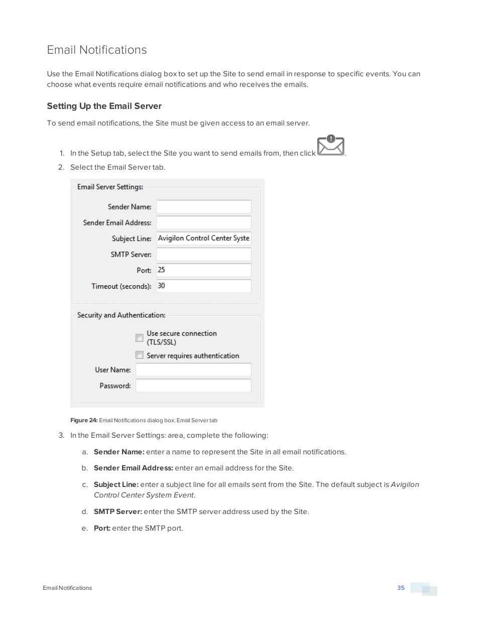 Email notifications, Setting up the email server | Avigilon ACC Core Version 5.2.2 User Manual | Page 35 / 113