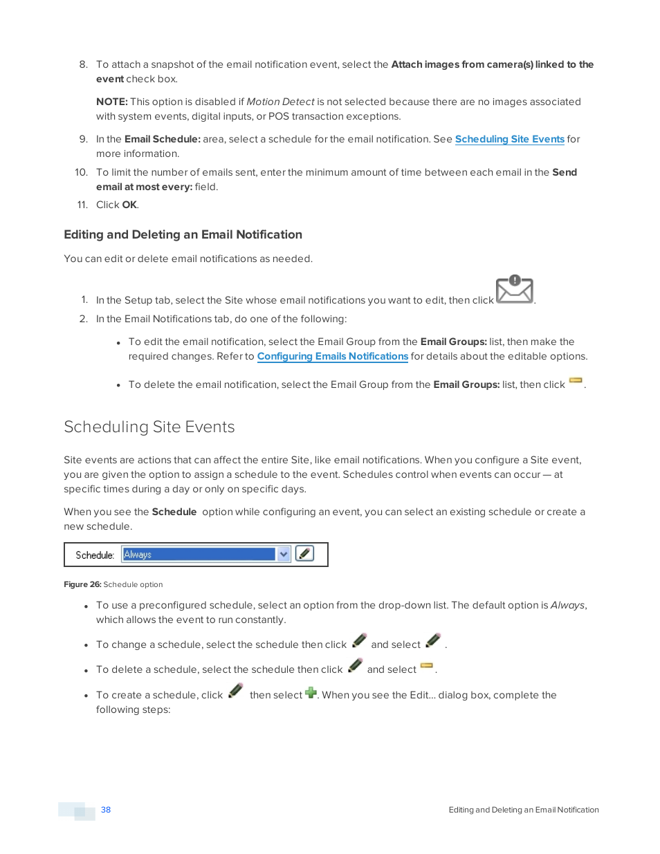 Editing and deleting an email notification, Scheduling site events | Avigilon ACC Core Version 5.2.2 User Manual | Page 38 / 113