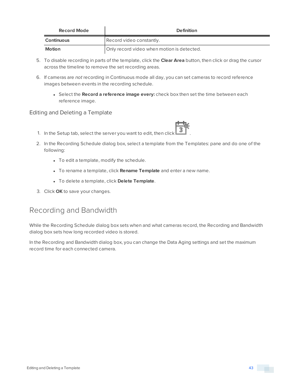 Editing and deleting a template, Recording and bandwidth | Avigilon ACC Core Version 5.2.2 User Manual | Page 43 / 113