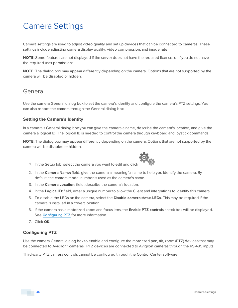 Camera settings, General, Setting the camera's identity | Configuring ptz | Avigilon ACC Core Version 5.2.2 User Manual | Page 46 / 113