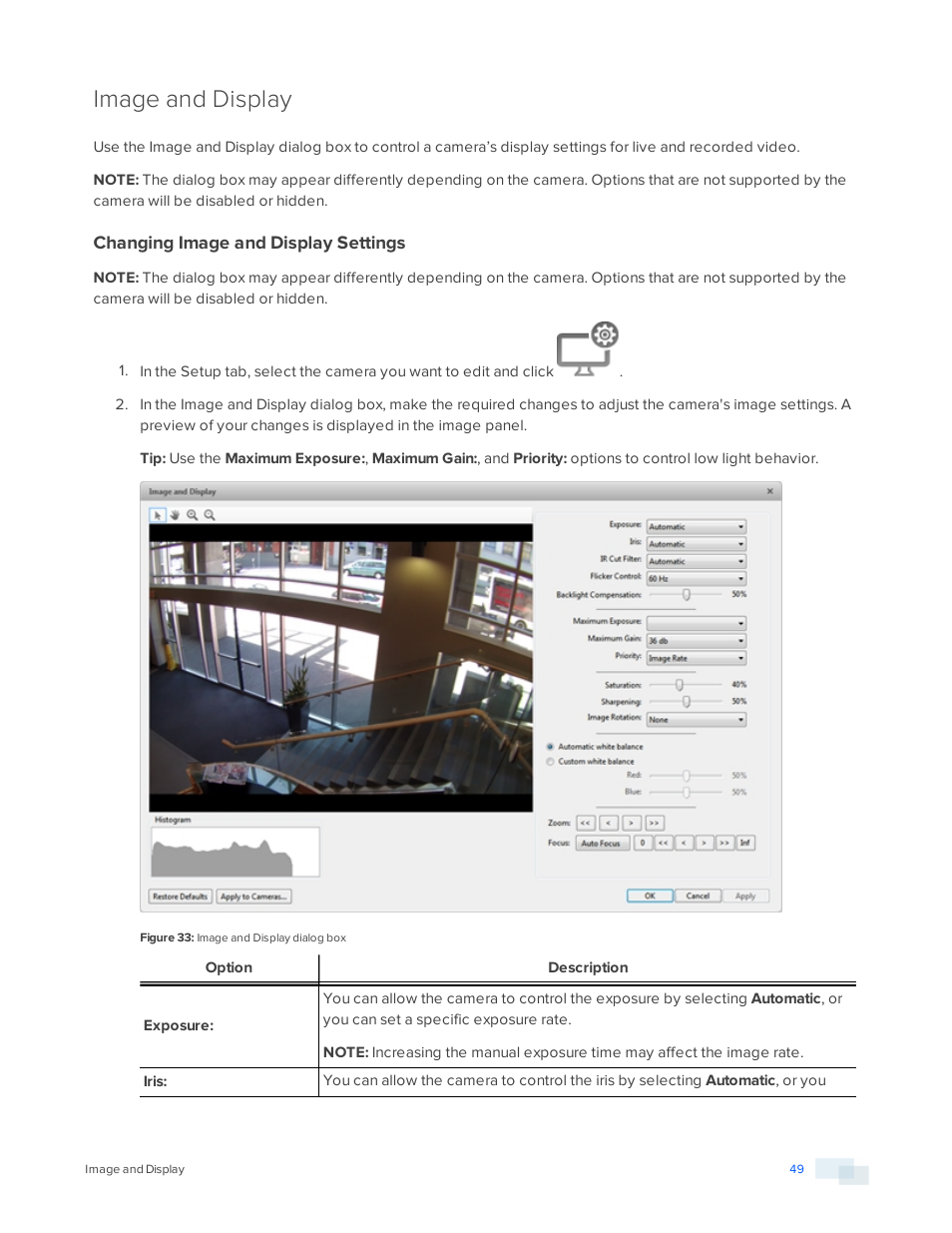 Image and display, Changing image and display settings | Avigilon ACC Core Version 5.2.2 User Manual | Page 49 / 113