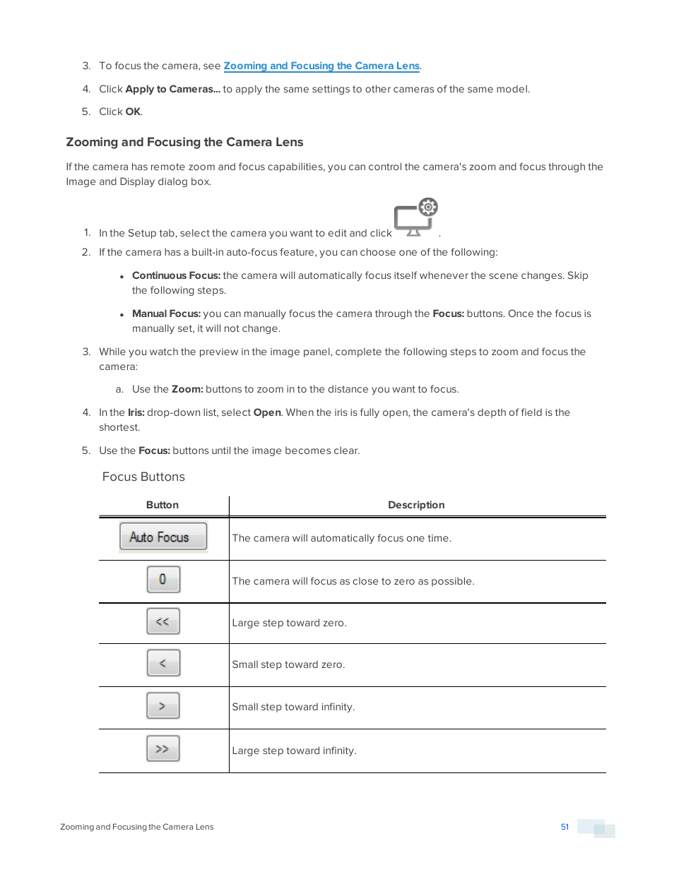 Zooming and focusing the camera lens, Focus buttons | Avigilon ACC Core Version 5.2.2 User Manual | Page 51 / 113