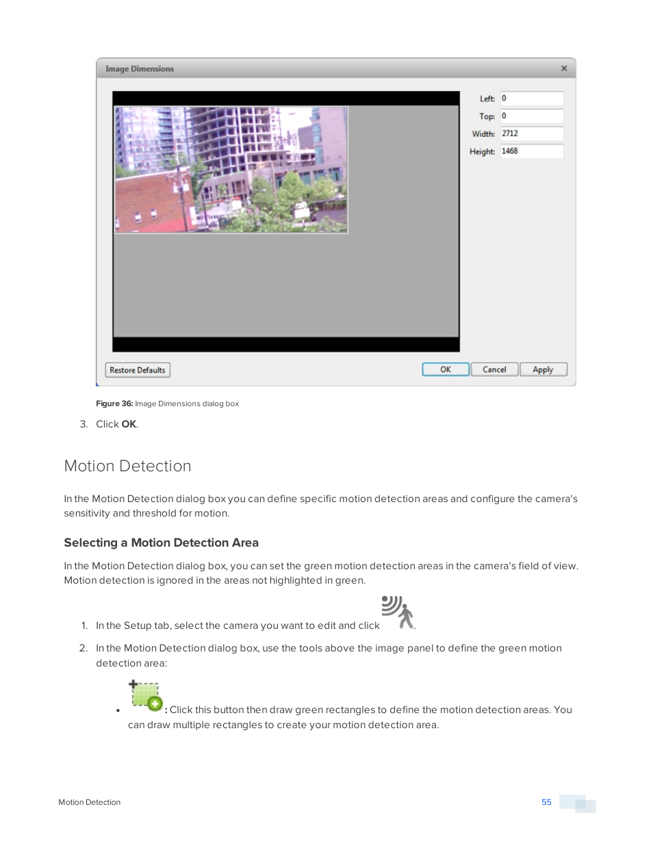 Motion detection, Selecting a motion detection area | Avigilon ACC Core Version 5.2.2 User Manual | Page 55 / 113