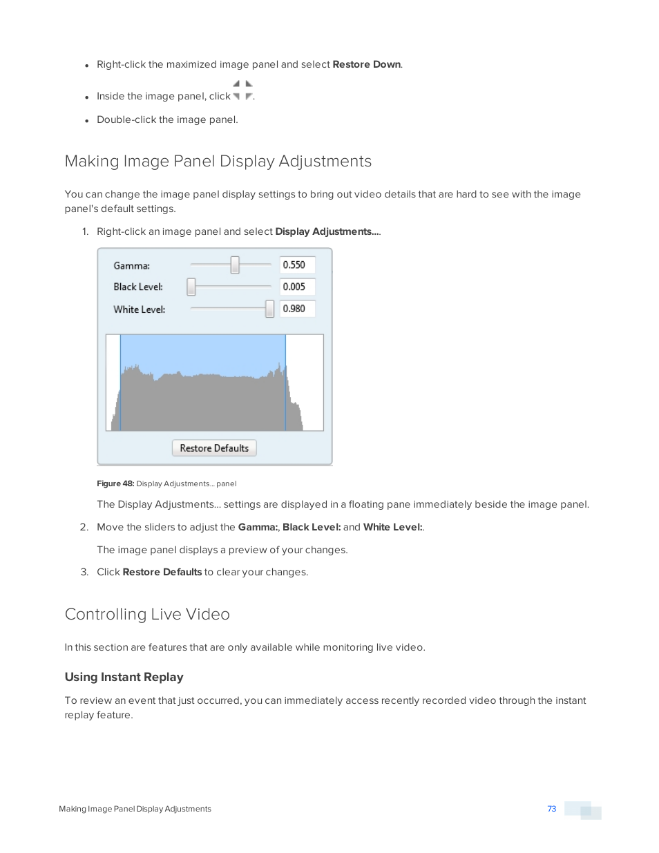 Making image panel display adjustments, Controlling live video, Using instant replay | Avigilon ACC Core Version 5.2.2 User Manual | Page 73 / 113