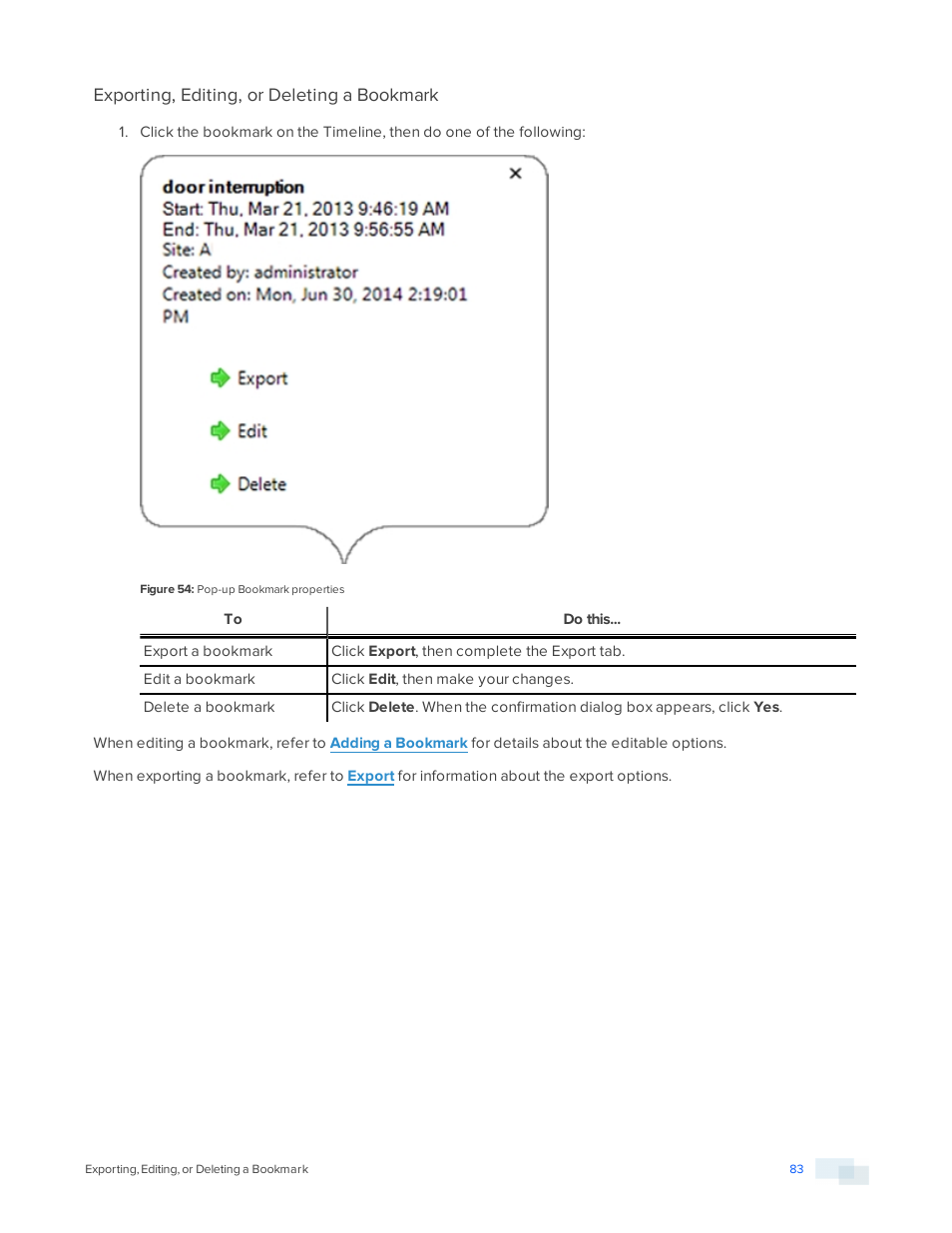 Exporting, editing, or deleting a bookmark | Avigilon ACC Core Version 5.2.2 User Manual | Page 83 / 113