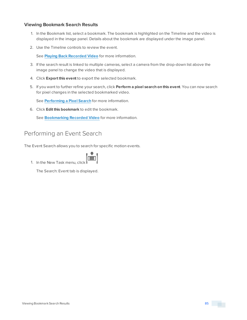 Viewing bookmark search results, Performing an event search | Avigilon ACC Core Version 5.2.2 User Manual | Page 85 / 113