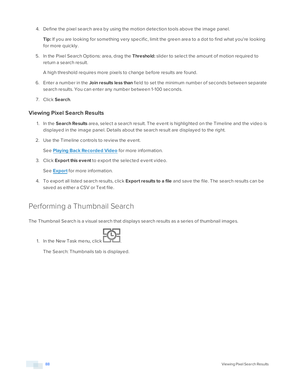 Viewing pixel search results, Performing a thumbnail search | Avigilon ACC Core Version 5.2.2 User Manual | Page 88 / 113