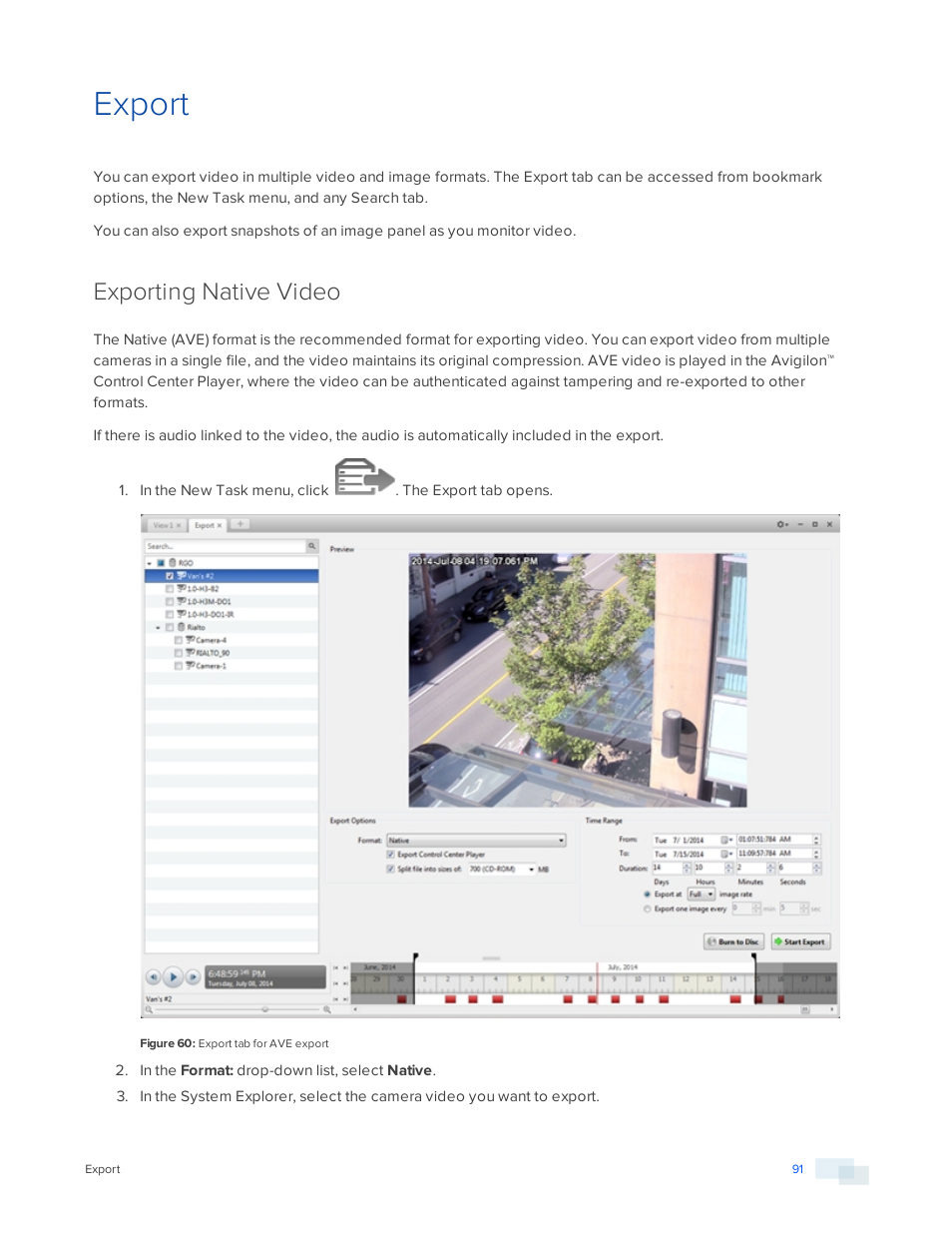 Export, Exporting native video | Avigilon ACC Core Version 5.2.2 User Manual | Page 91 / 113