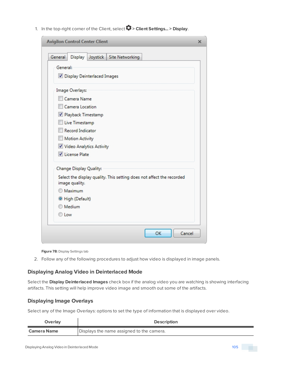 Displaying analog video in deinterlaced mode, Displaying image overlays | Avigilon ACC Enterprise Version 5.2.2 User Manual | Page 105 / 189